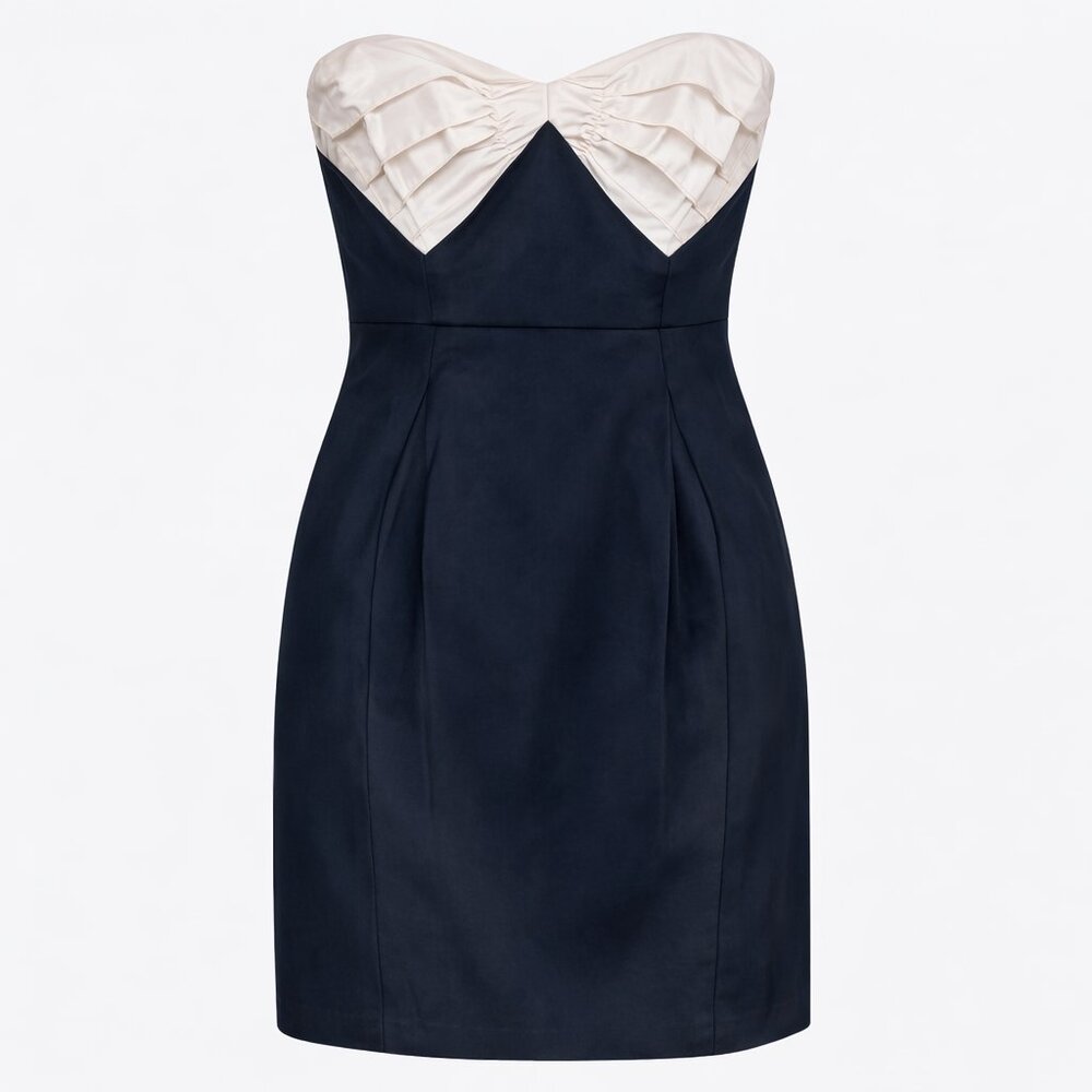 Shoshanna Strapless Black Cream Color Block Pleated Cocktail Mini‎ Dress Size 4